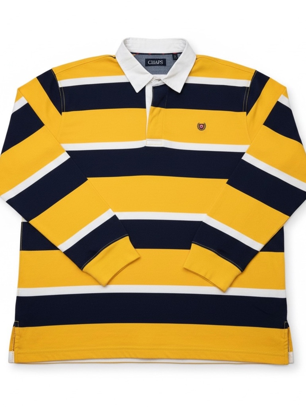 Chaps Men’s Cotton Yellow and Navy Stripe Rugby Polo NWT Size XL